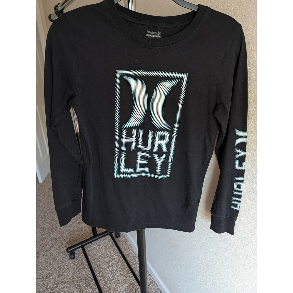 Hurley Boys Black Long Sleeve Graphic T-Shirt Teal Box Logo Size Large 12-13 Yrs
